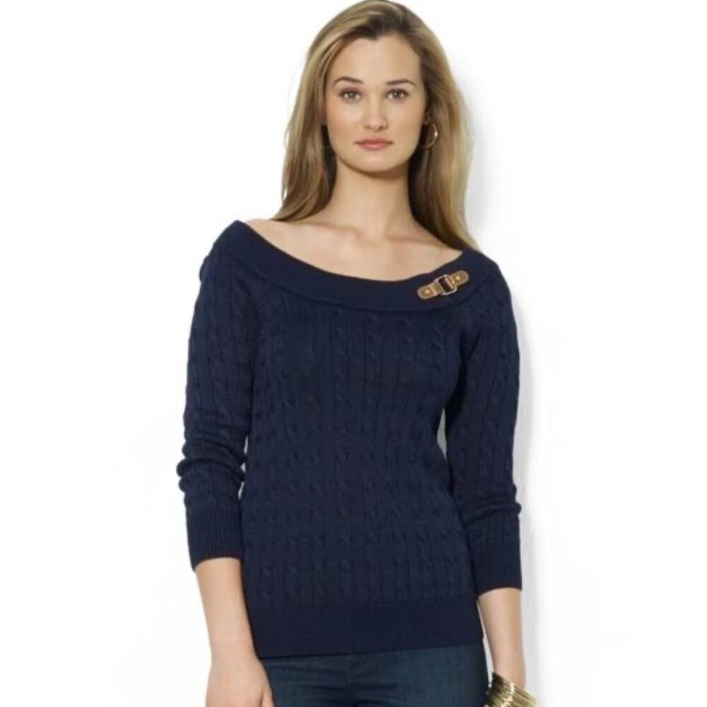 Lauren Ralph Lauren Cable Knit Buckle Detail Scoop Neck Navy Size S Pullover Top